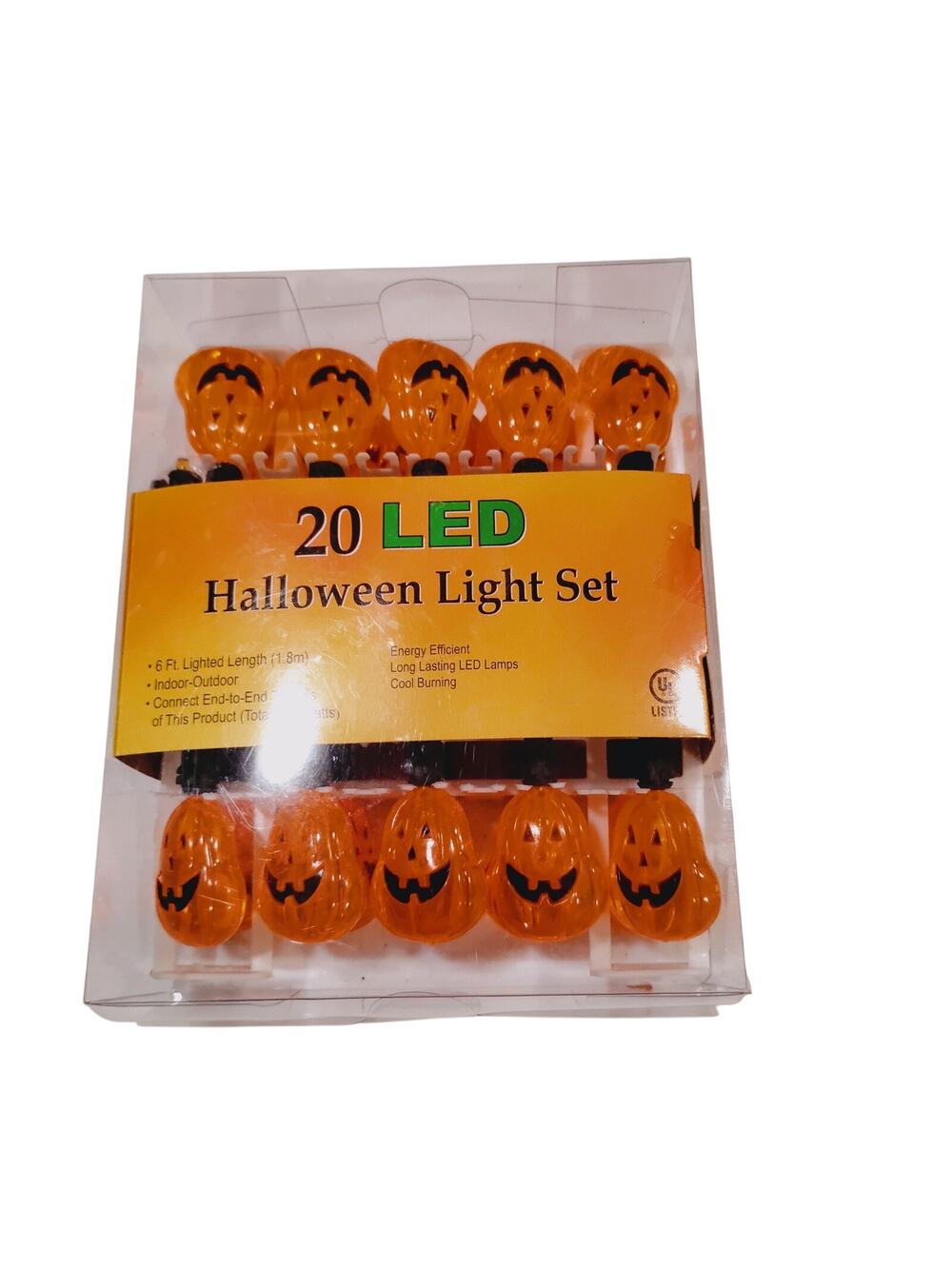 Halloween 20 Orange Pumpkin LED Light Set Black Wire Lighted Length 6 ft NIB